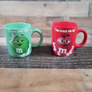 M&M 2016 Coffee/Hot Coco Mugs Green "Please Don't Beg" Red "You Crack Me Up"